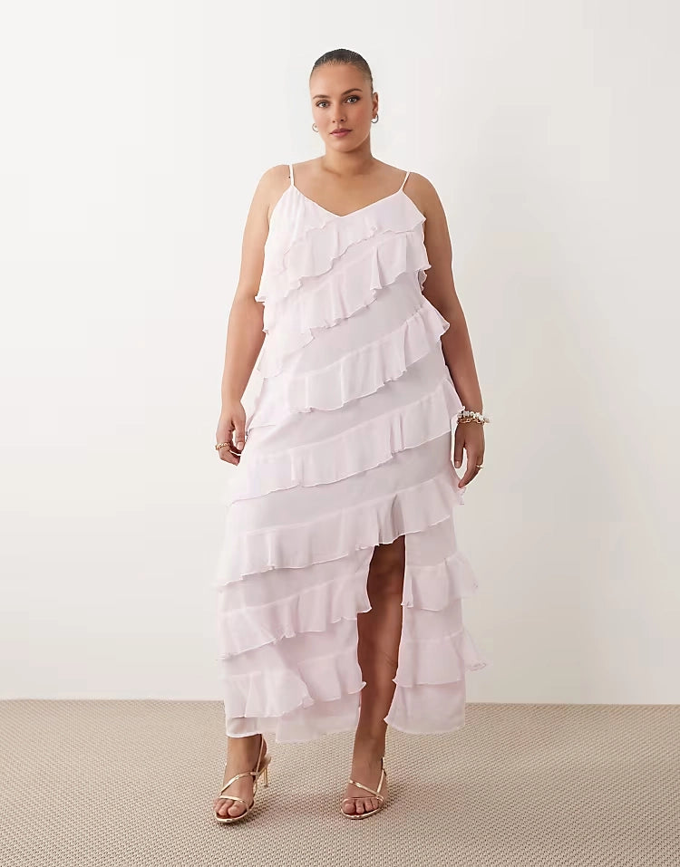 Roselledress plus size blush pink chiffon tiered ruffle V-neck spaghetti strap wedding guest maxi dress front view