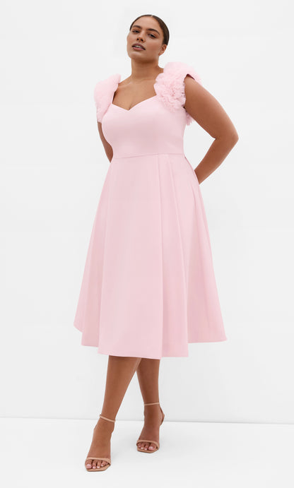 Roselle Dress plus size blush pink wedding guest dress, sweetheart neck, tulle ruffle shoulder straps, a‑line midi gown front view