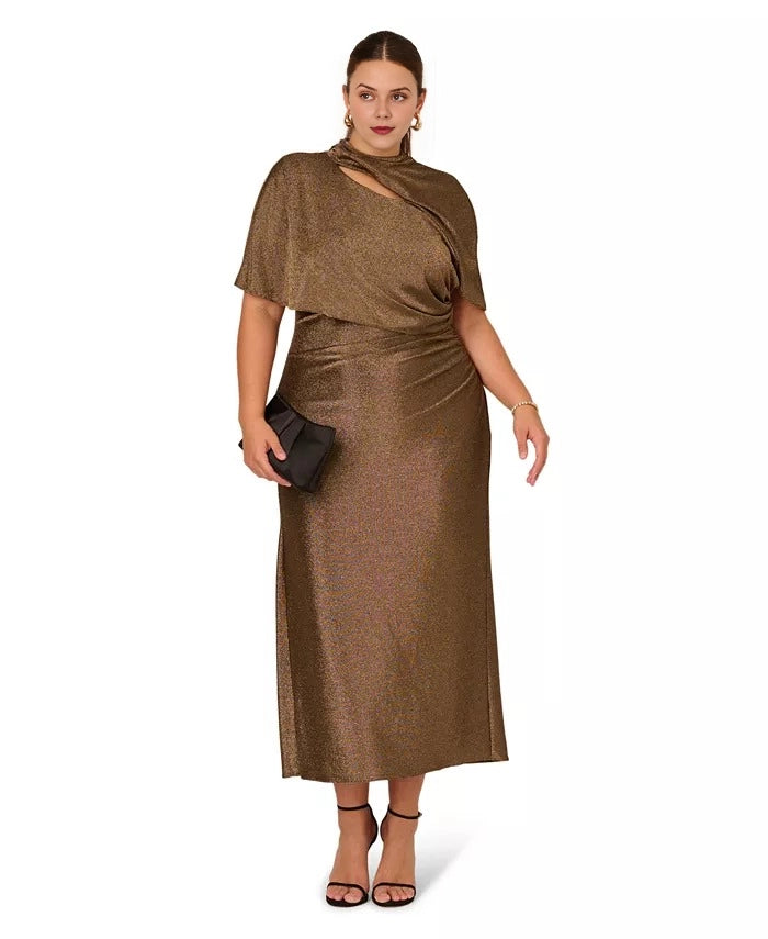 Roselle Dress plus size bronze metallic midi wedding guest dress with cape sleeve and twist cut‑out neck front view, shimmer formal gown
