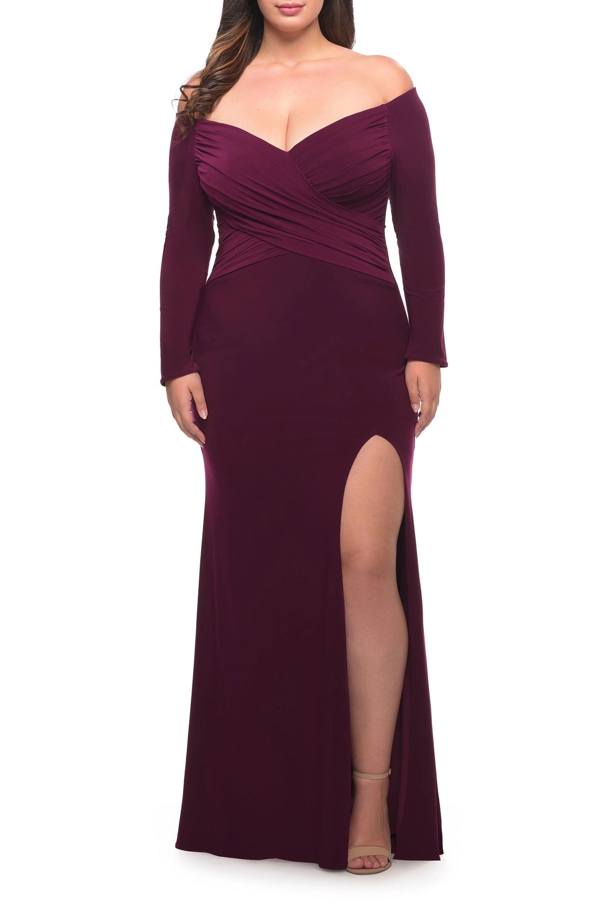 Roselle Dress plus size burgundy off‑the‑shoulder maxi wedding guest dress, long sleeve cross ruched bodice high slit front view, evening gown