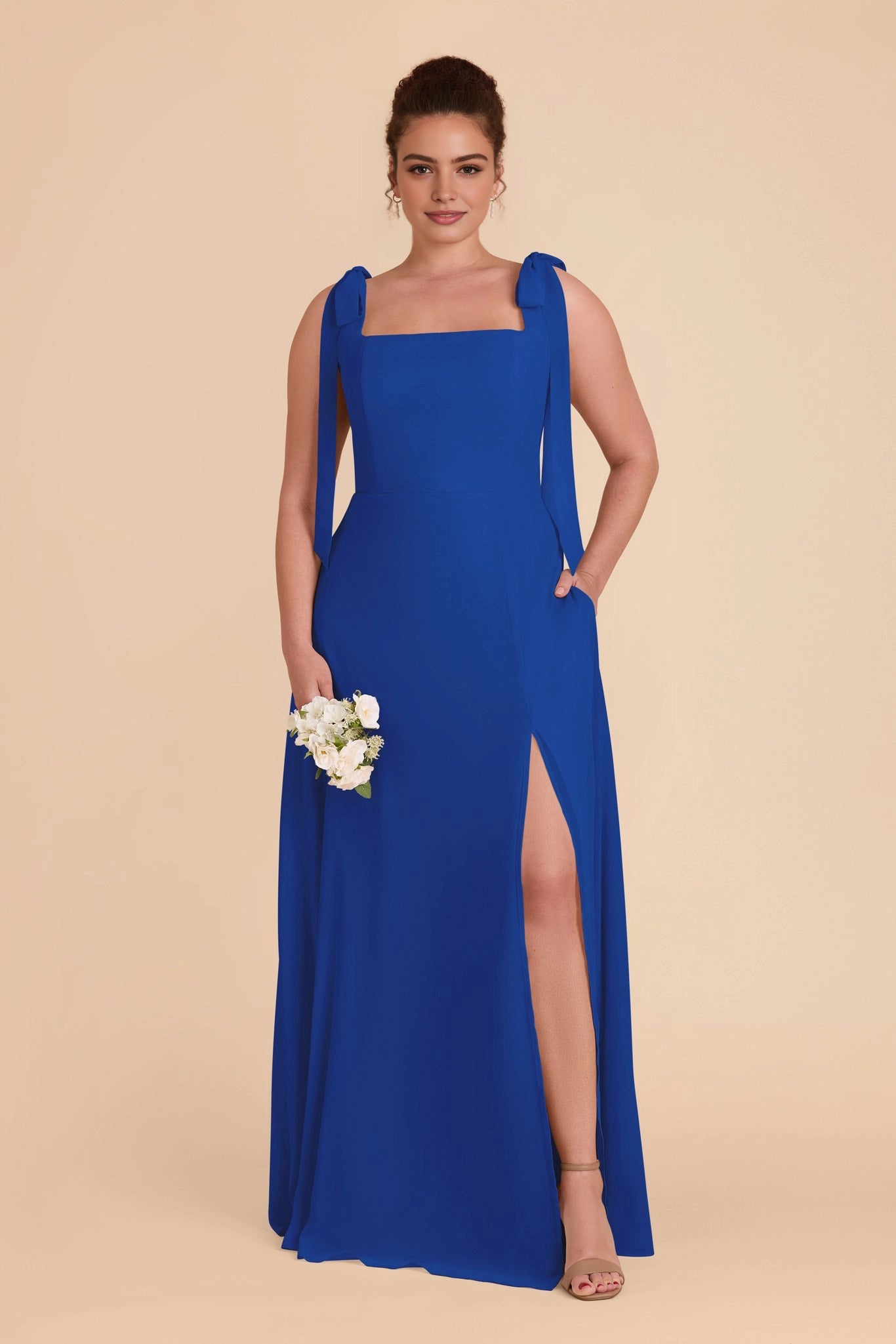 Plus size cobalt blue chiffon bridesmaid dress square neck tie bow straps pockets front slit maxi gown roselledress