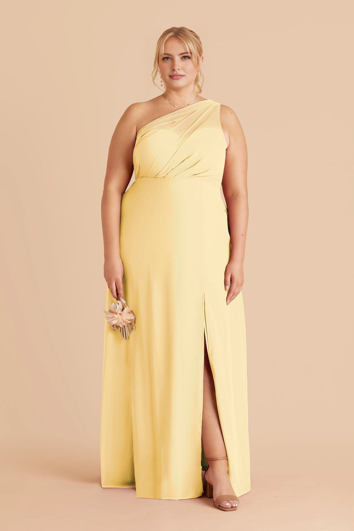 Plus size pale yellow chiffon bridesmaid dress one shoulder front slit maxi gown roselledress