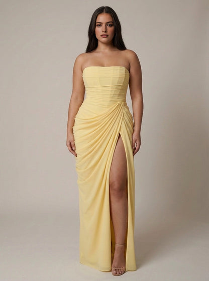 RoselleDress pale yellow chiffon plus size bridesmaid dress strapless sheath gown draped ruched with high side slit floor length