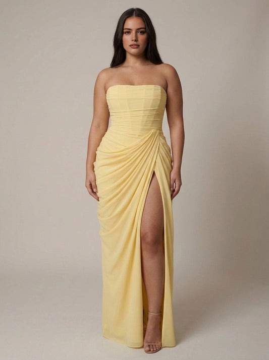 RoselleDress pale yellow chiffon plus size bridesmaid dress strapless sheath gown draped ruched with high side slit floor length