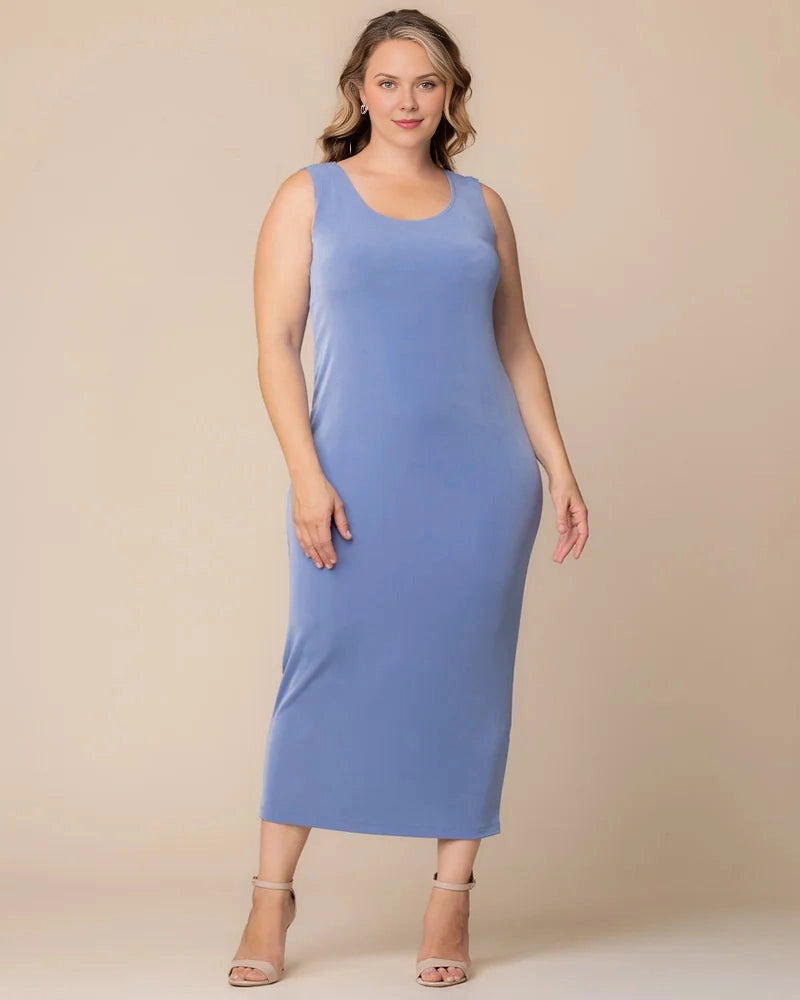 Roselle Dress plus size dusty blue velvet midi wedding guest dress, sleeveless scoop neck bodycon midi length front view, evening slip gown