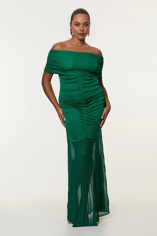 Roselle Dress plus size green off‑the‑shoulder maxi wedding guest dress, ruched bodice pleated mesh skirt front view, evening gown