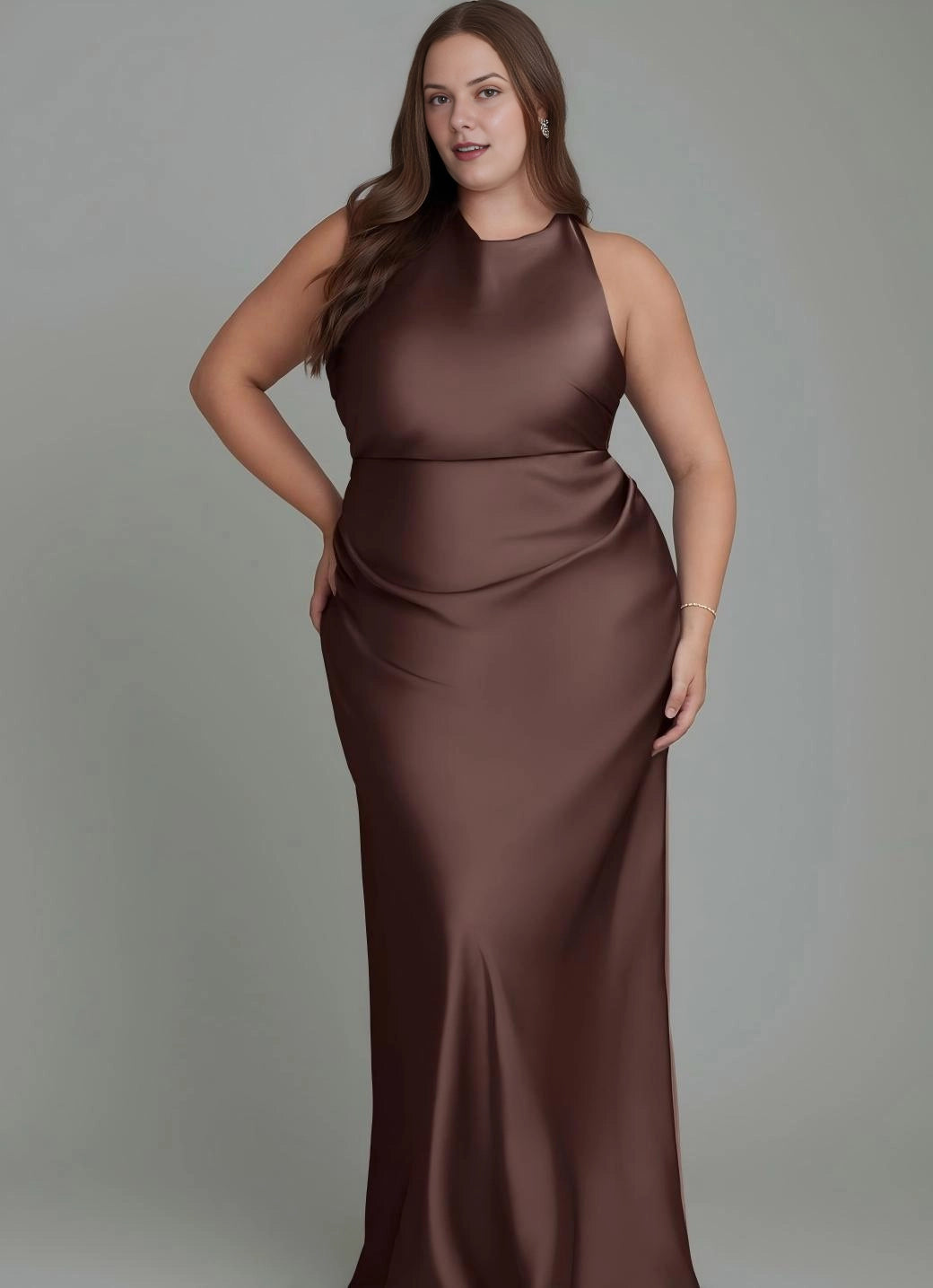 Roselle Dress plus size chocolate satin halter sleeveless mermaid maxi bridesmaid dress front view