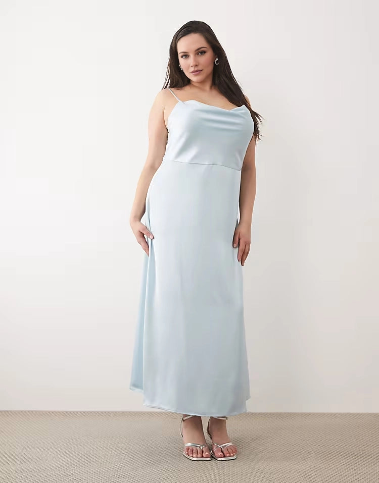 Roselledress plus size ice blue satin cowl neck spaghetti strap wedding guest midi dress front view