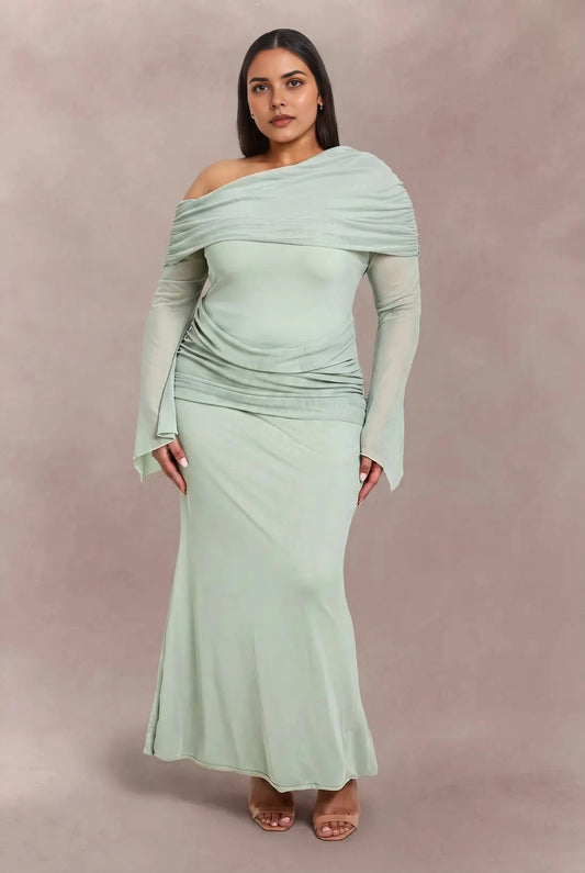 Roselledress plus size sage green ruched off‑shoulder wedding guest dress front view