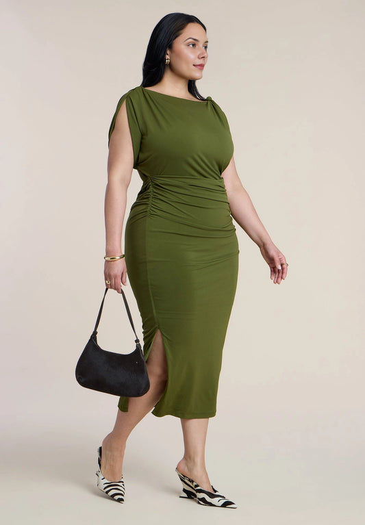 Roselle Dress plus size olive green jersey boat neck ruched slit midi wedding guest dress front view with split sleeve