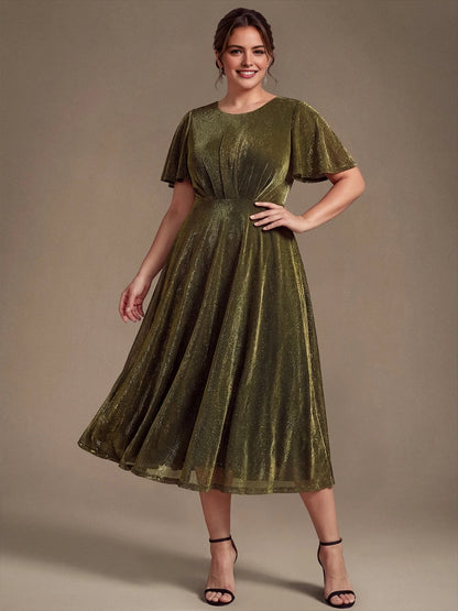 Roselle Dress plus size olive green mother of the bride dress, round neck flutter short sleeve, shimmer fabric a‑line midi gown front view