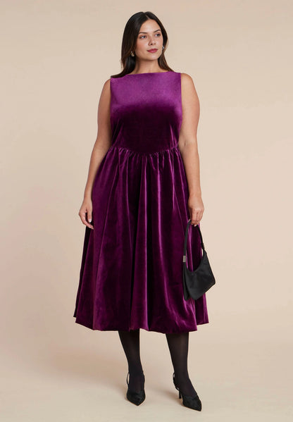 Roselle Dress plus size plum velvet sleeveless boat‑neck midi wedding guest dress front view, vintage fall formal gown