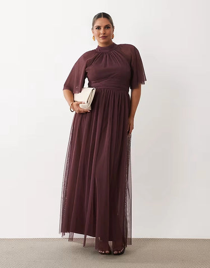 Roselledress plus size plum wine tulle high neck flutter sleeve empire waist wedding guest maxi dress front view