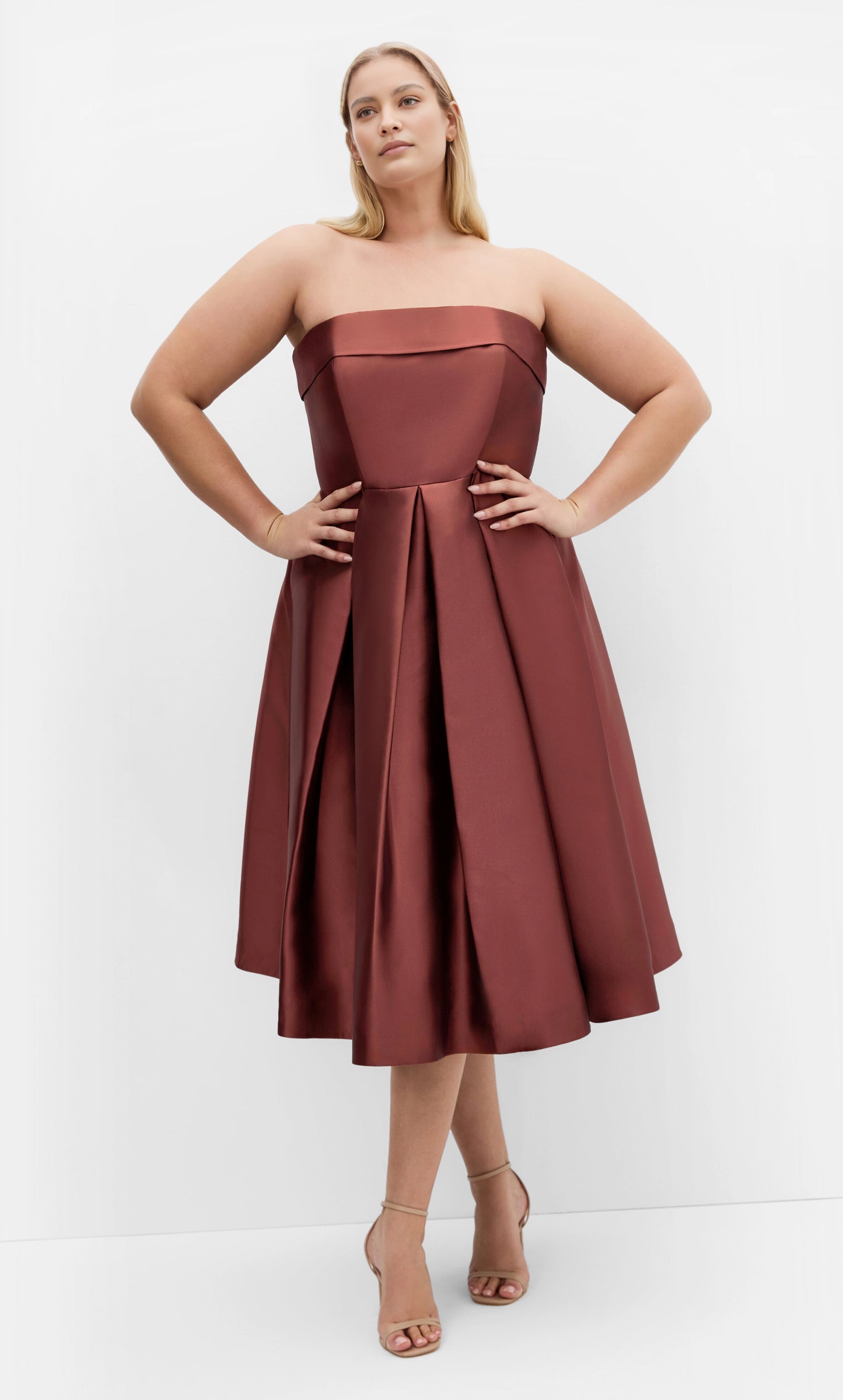 Roselle Dress plus size rust satin strapless fit‑and‑flare midi gown, folded bandeau wedding guest dress front view