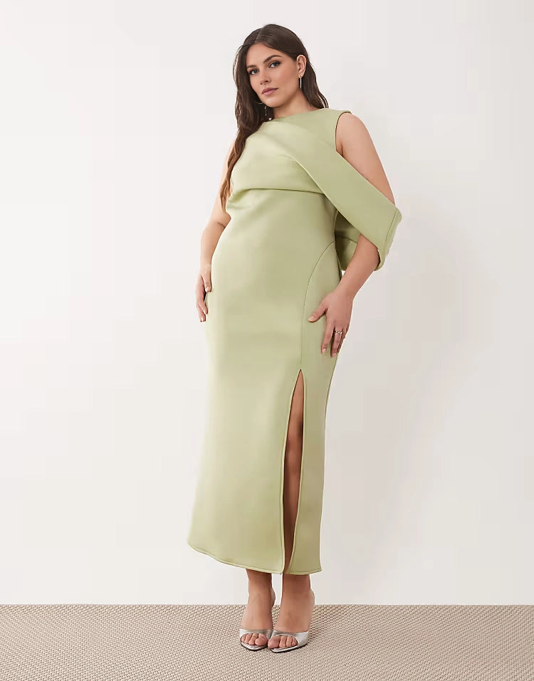 Roselledress plus size sage green asymmetric draped one‑shoulder wedding guest midi dress front view