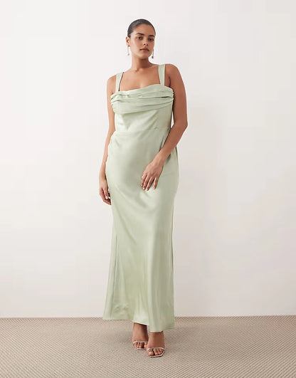 Roselledress plus size sage mint satin pleated square neck wide strap bridesmaid maxi dress front view