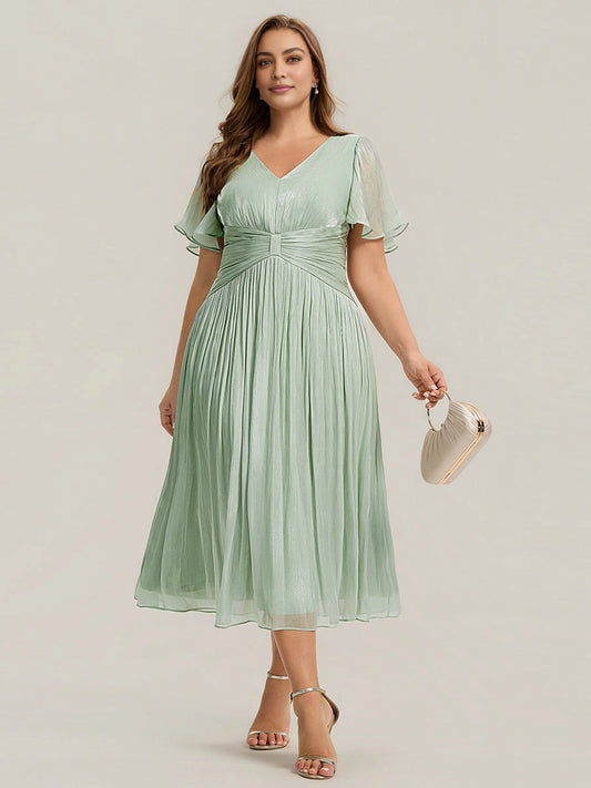 Roselle Dress plus size sage green wedding guest dress, v‑neck flutter short sleeve, pleated chiffon midi gown front view