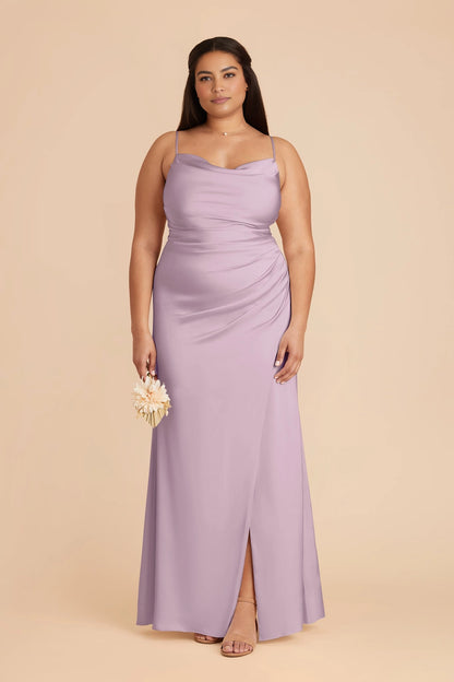 RoselleDress lavender satin plus size bridesmaid dress cowl neck spaghetti strap sheath gown with side slit floor length