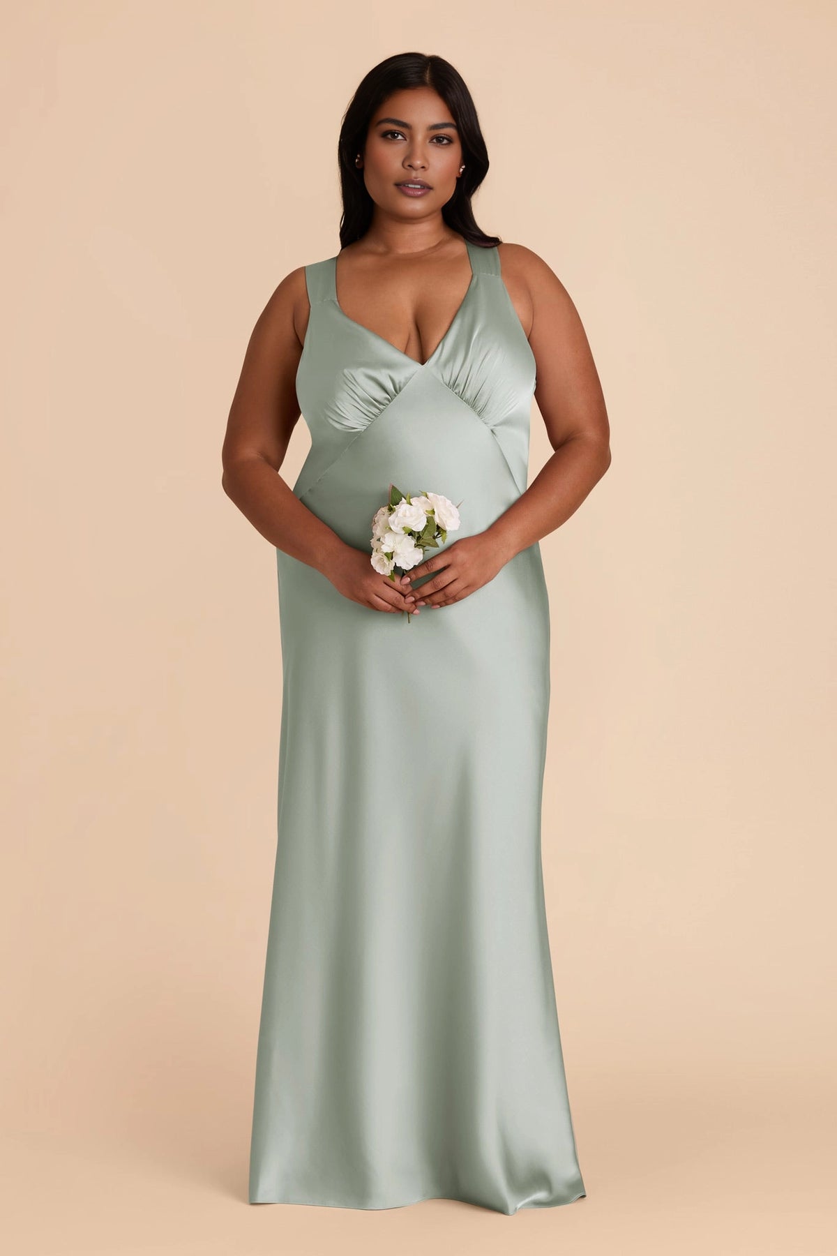 Plus size sage green satin bridesmaid dress v neck sleeveless maxi gown for wedding guest roselledress