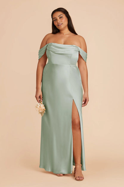 Plus size sage green satin off‑the‑shoulder bridesmaid dress front slit sheath maxi gown roselledress