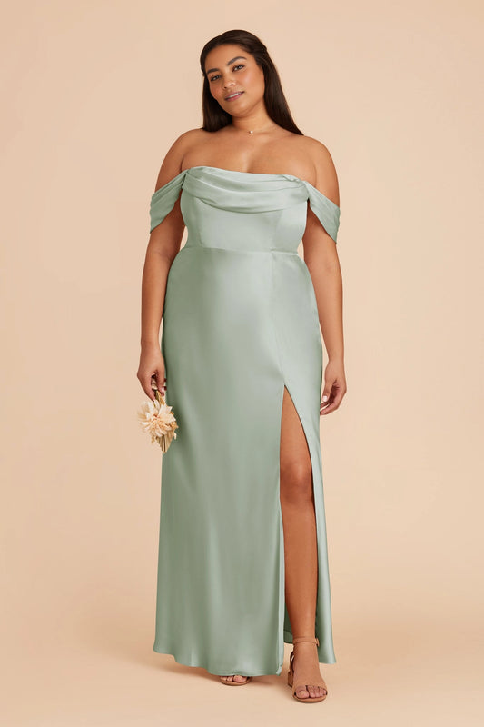 Plus size sage green satin off‑the‑shoulder bridesmaid dress front slit sheath maxi gown roselledress
