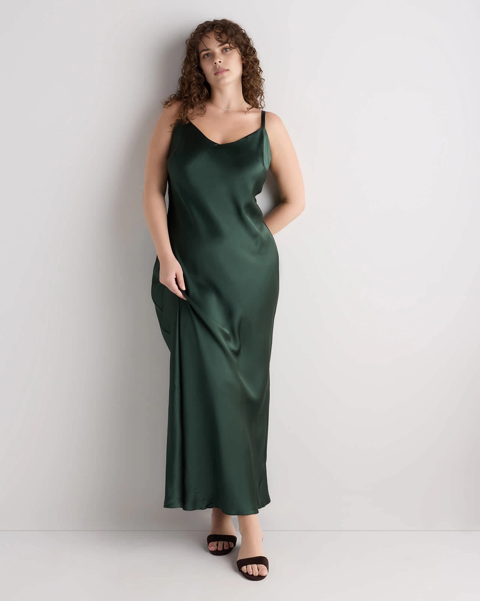 Roselledress plus size emerald green satin slip wedding guest dress front view