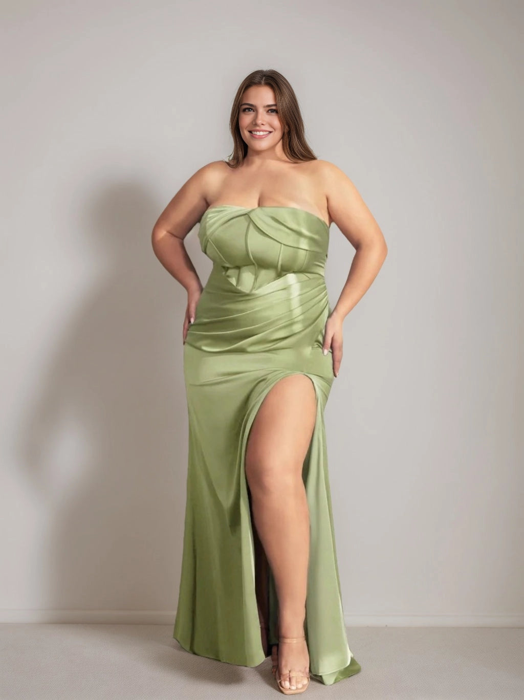 Roselle Dress plus size satin mermaid maxi prom dress, strapless twisted bust, ruched waist high front slit front view formal evening gown