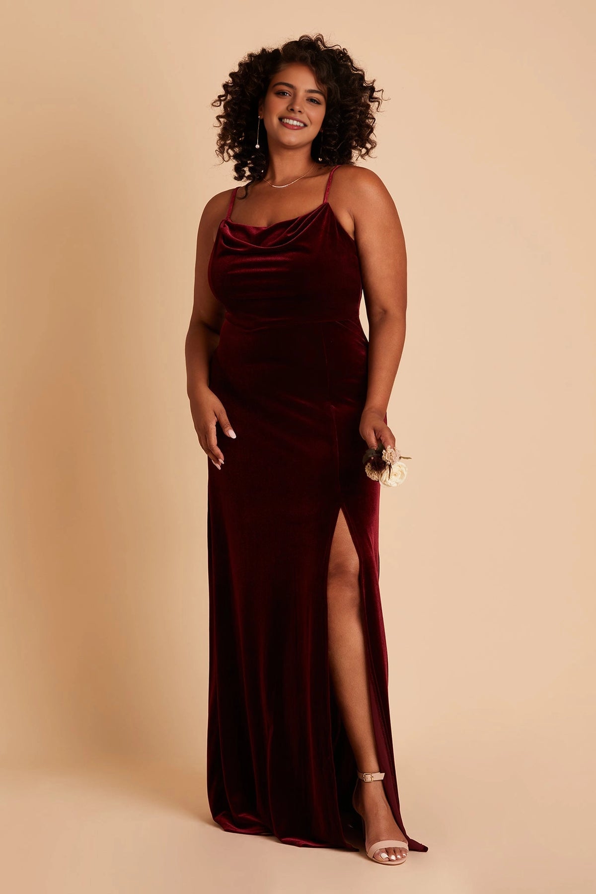 RoselleDress burgundy velvet plus size bridesmaid dress cowl neck spaghetti strap mermaid gown with side slit floor length