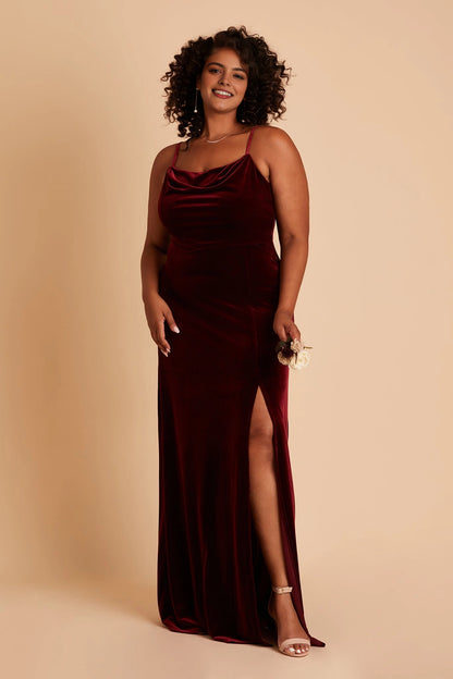 RoselleDress burgundy velvet plus size bridesmaid dress cowl neck spaghetti strap mermaid gown with side slit floor length
