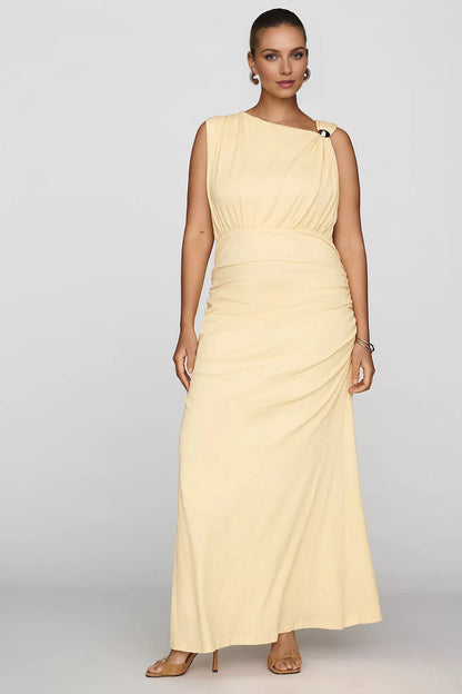 Roselledress plus size butter yellow crinkled asymmetric one‑shoulder wedding guest dress front view