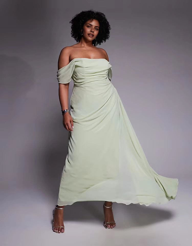 Roselledress sage green plus size off‑the‑shoulder ruched chiffon high slit maxi wedding guest dress