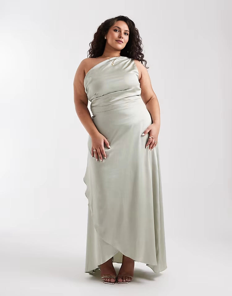 Roselledress sage green plus size one‑shoulder draped satin ruched waist wrap front split maxi wedding guest dress