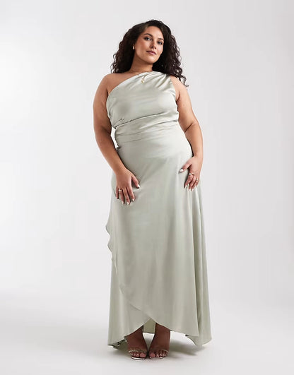 Roselledress sage green plus size one‑shoulder draped satin ruched waist wrap front split maxi wedding guest dress