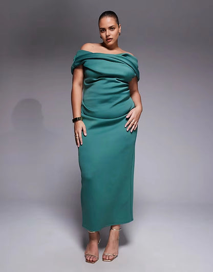 Roselledress teal plus size draped off‑the‑shoulder ruched maxi wedding guest dress