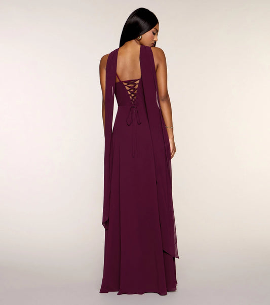 Plum Chiffon A-Line Cowl Sleeveless Lace Up Streamer Back Maxi  Prom Dress