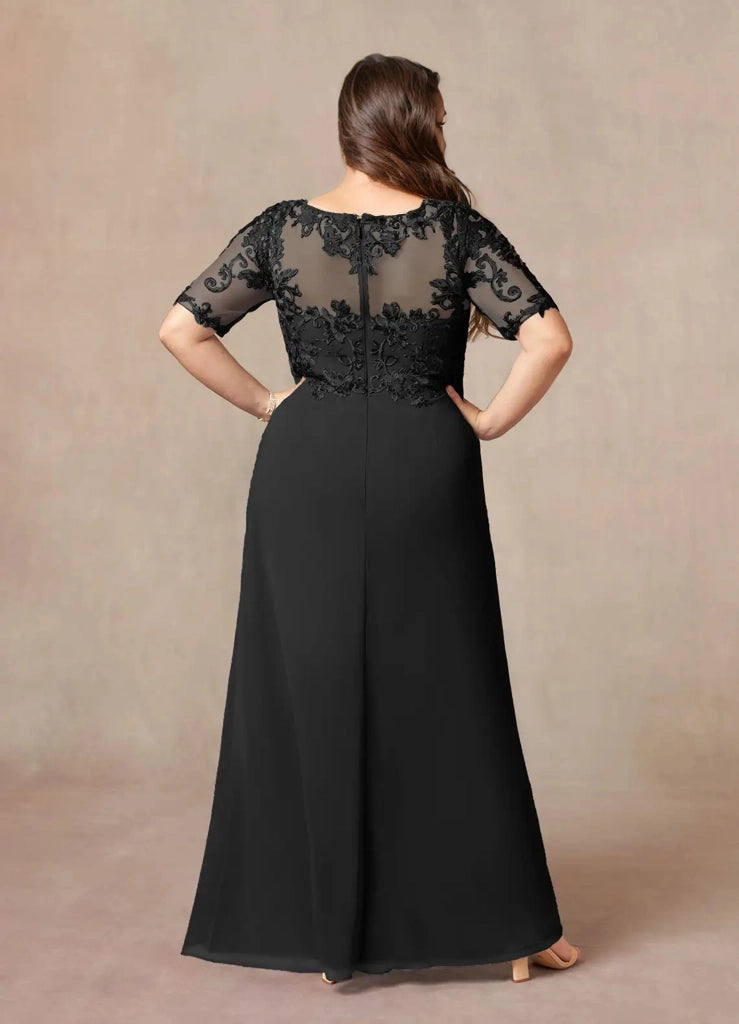 Roselledress black chiffon formal gown sheer lace round illusion back rear view