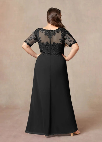 Roselledress black chiffon formal gown sheer lace round illusion back rear view