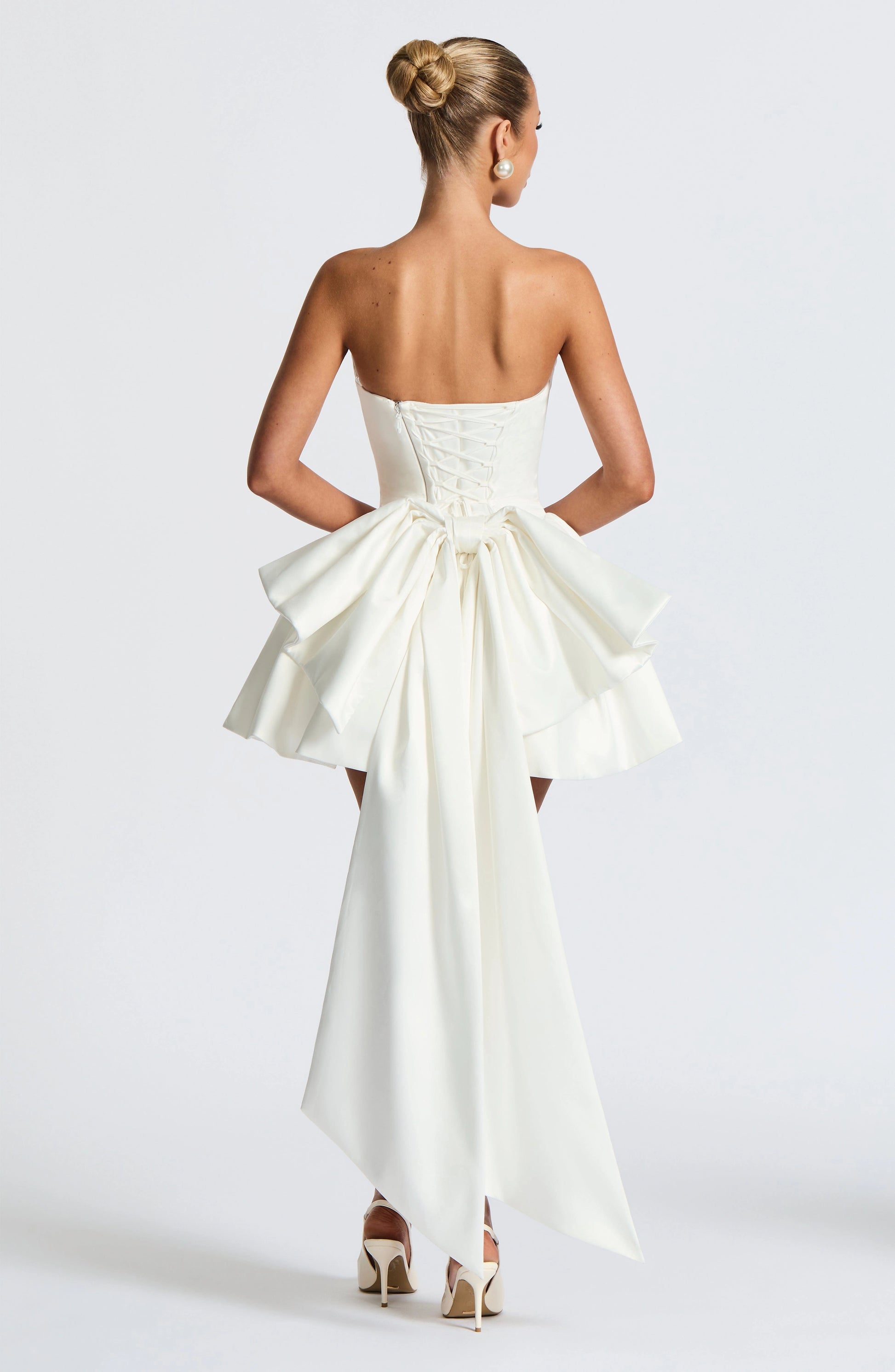 roselledress white strapless lace up back big bow mini bridal dress back view