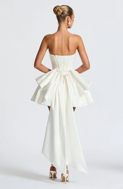 roselledress white strapless lace up back big bow mini bridal dress back view
